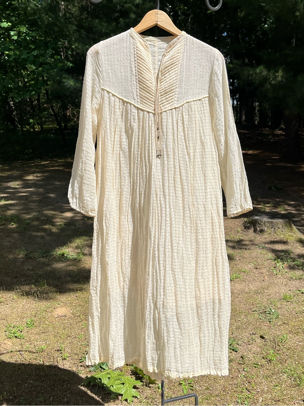 70s Boho Cream & Silver Striped Cotton Gauze Sparkly Beach Midi Dress Resort